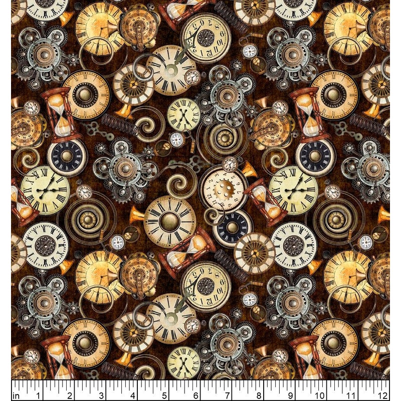 Steampunk Adventures Clock Toss Brown Dan Morris Quilting Treasures Cotton Fabric