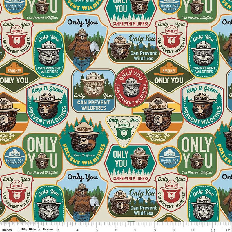 Only You Main Smokey Bear Patches Cream Riley Blake Cotton Fabric