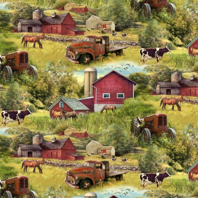 Barns and Trucks Horses Cows Allover Green David Textiles Cotton Fabric DT-GG-0005-6C-1