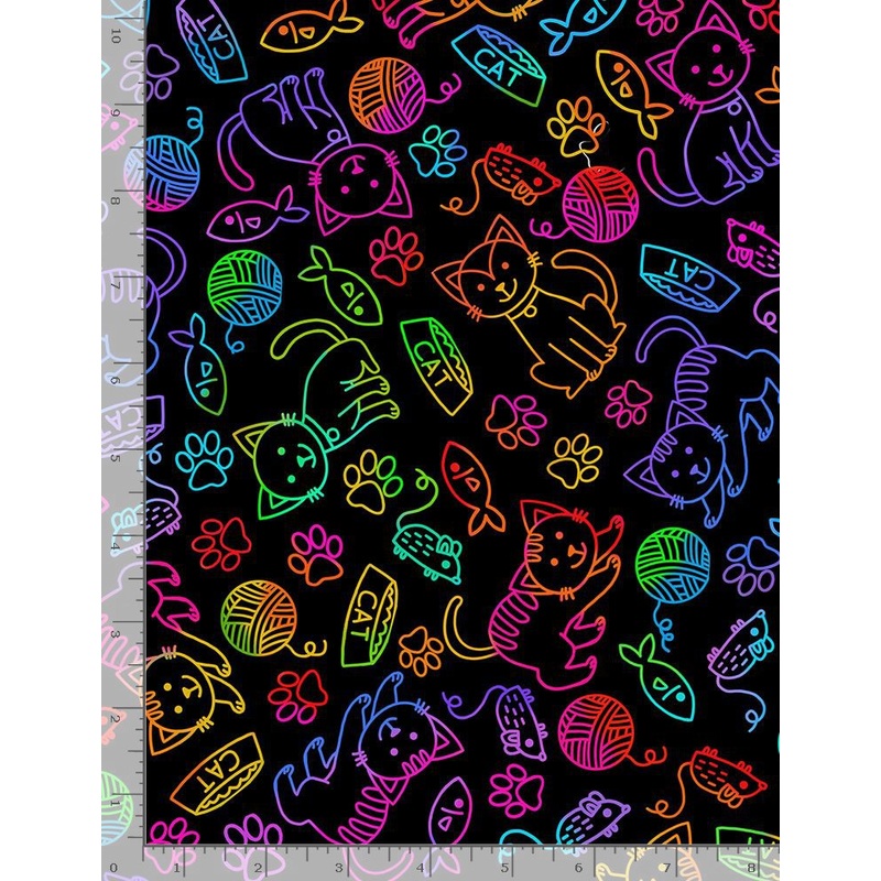 Cat Mouse Rainbow Neon Outline Love my cat Doodles Writing Bright Timeless Treasures Cotton Fabric