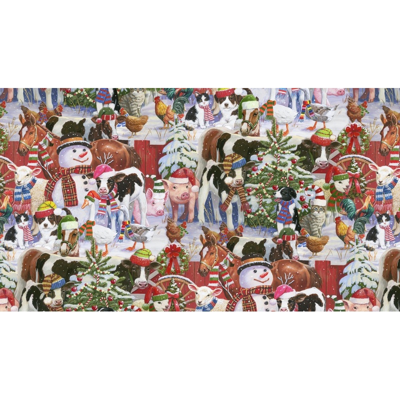 Christmas Barnyard Animals Snowman Allover David Textiles Cotton Fabric DT-ML-4575-1