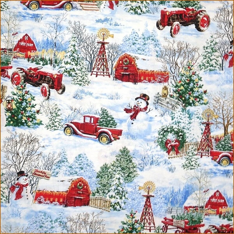 Christmas Winter Red Barn Pickup Snowman Tractor Snow Scene Timeless Treasures Cotton Fabric