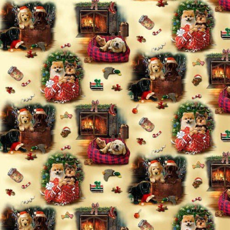 Fireside Pups Puppies Dogs Scenic Allover Cream Bob Giardano Henry Glass Cotton Fabric