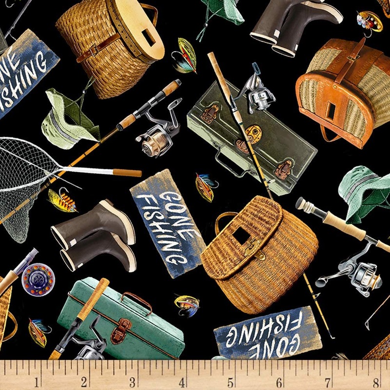 Gone Fishing Gear Black Timeless Treasures Cotton Fabric
