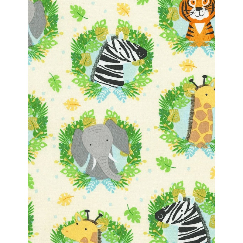 Kidz Wild Animals Elephant Giraffe Zebra Lion Circles Cream Timeless Treasures Cotton Fabric
