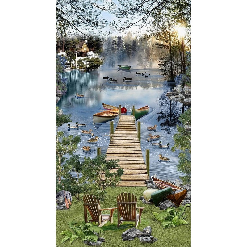 Lake nature boat dock duks geese chairs Panel 24" Timeless Treasures Cotton Fabric