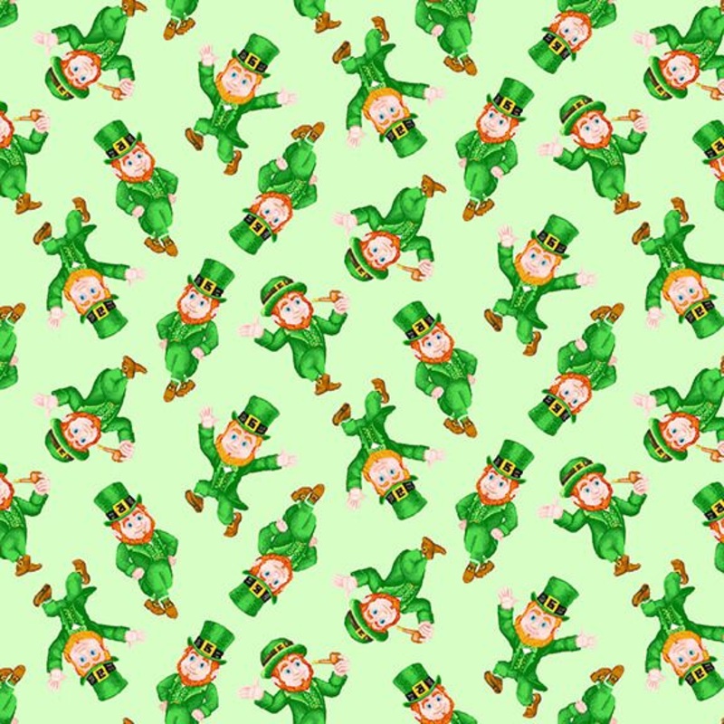 Pot of Gold Small Tossed Leprechauns Light Green City Art Henry Glass Cotton Fabric