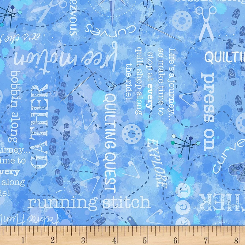 Quilter's Trek Cross Stitch Quilt Quest Blue QTI Timeless Treasures Cotton Fabric