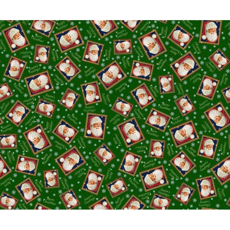 Santa's List Tossed Santa Frames Dark Forest Green Quilting Treasures Cotton Fabric