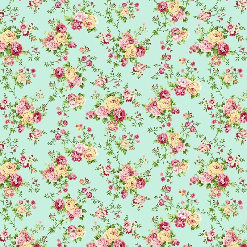 Serene Garden Floral Vines Roses Aqua Blue Mary Jane Carey Henry Glass Cotton Fabric