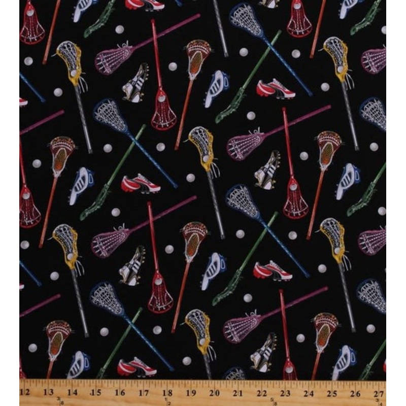 Sports Lacrosse Sticks and Balls Black Elizabeth's Studio Cotton Fabric