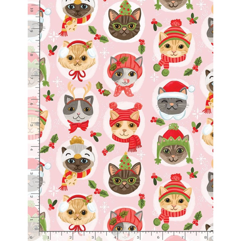 Cozy Holidays Cat Faces Hats Pink Olivia Gibbs Timeless Treasures Cotton Fabric