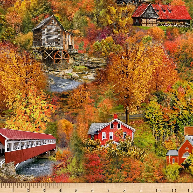 Fall Foliage Village Barn Timeless Treasures Cotton Fabric