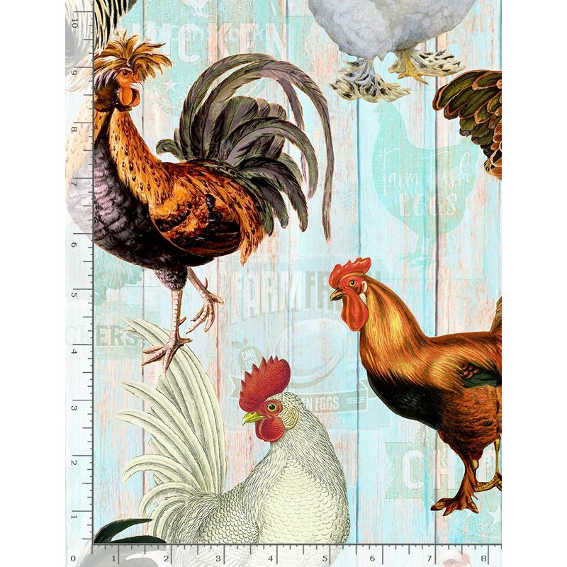 Farm Fresh Chickens Faded Blue Fence Timeless Treasures Cotton Fabric