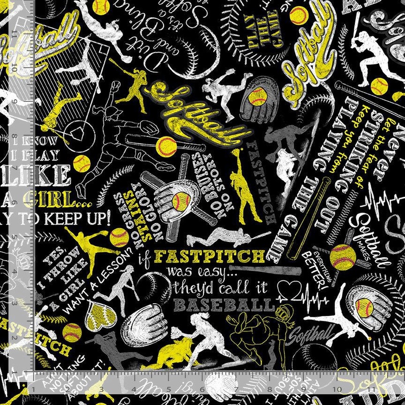 Girls Softball Text Cheer Squad Sport black Timeless Treasures Cotton Fabric TT-CD1694 Black
