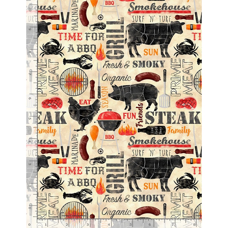 Main BBQ King of the Grill Steak Print Natural Fun Timeless Treasures Cotton Fabric