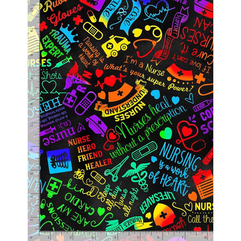 Nursing Text Rainbow Proud to be a Nurse Black Gail Cadden Timeless Treasures Cotton Fabric