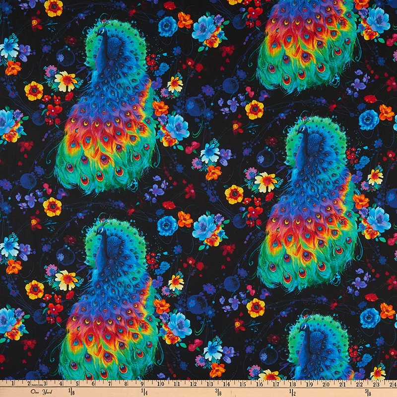 Peacock and Flowers Glow Rainbow Black Timeless Treasures Cotton Fabric
