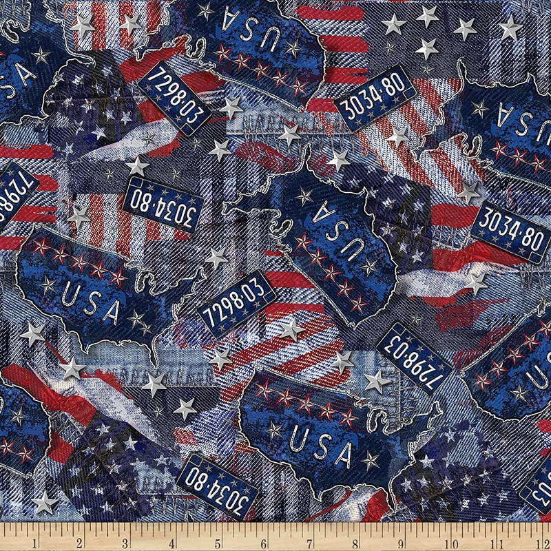 Road Trip Patriotic Flag Print USA Denim Blue Timeless Treasures Cotton Fabric
