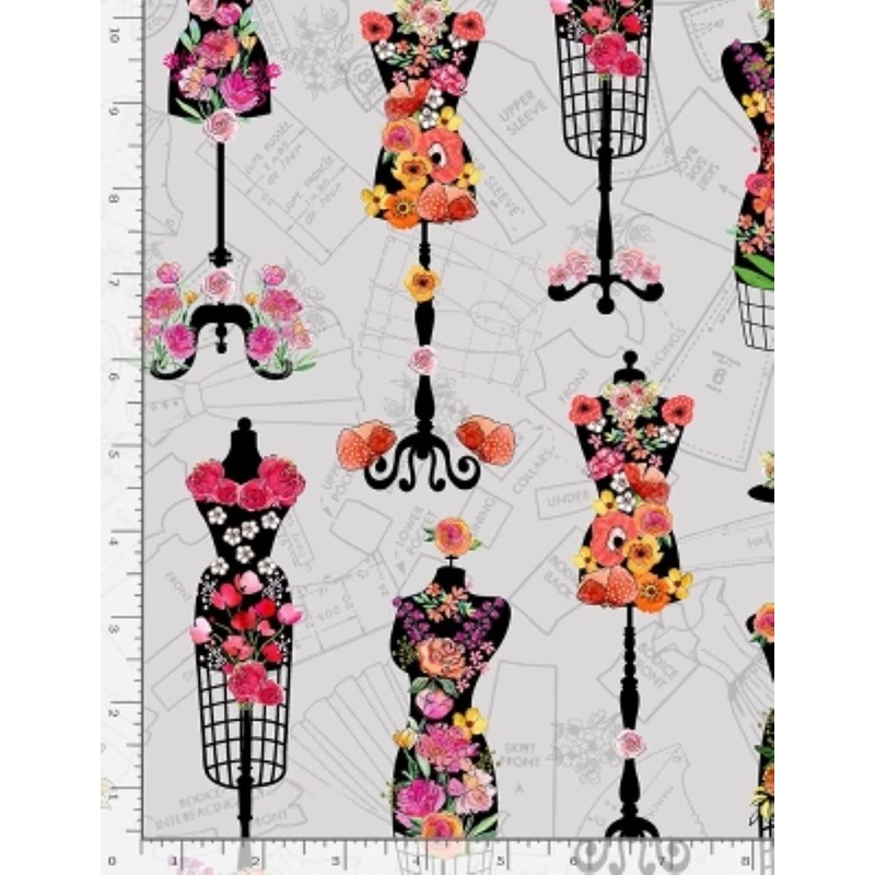 Sew Floral Dress Form Gray Gail Cadden Timeless Treasures Cotton Fabric