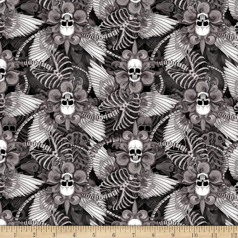 Skull Fleur De Lis Wings Black Last Dance Timeless Treasures Cotton Fabric