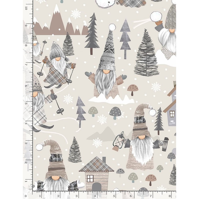 Snow Gnomes Tossed Wooden Gnomes Scenic Holiday Grainy Timeless Treasures Cotton Fabric