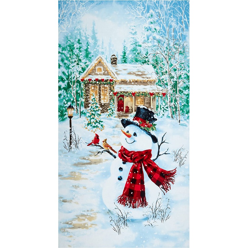 Snowman and Winter Cottage Snowy Day Timeless Treasures Cotton Fabric
