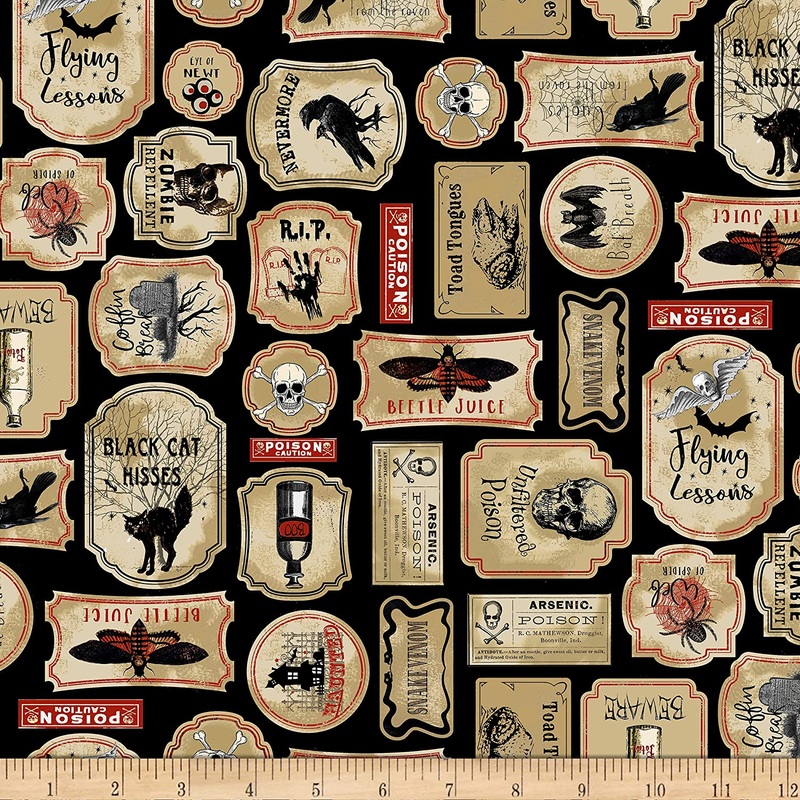 Spooky Labels Black Nevermore Timeless Treasures Cotton Fabric