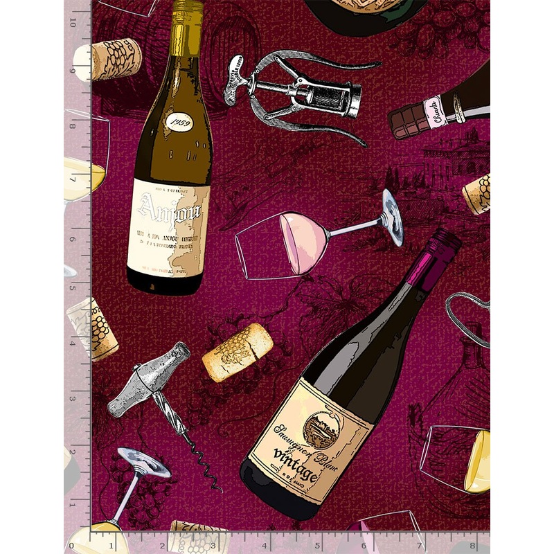 Wine Tossed Wine Bottles Burgundy Timeless Treasures Cotton Fabric
