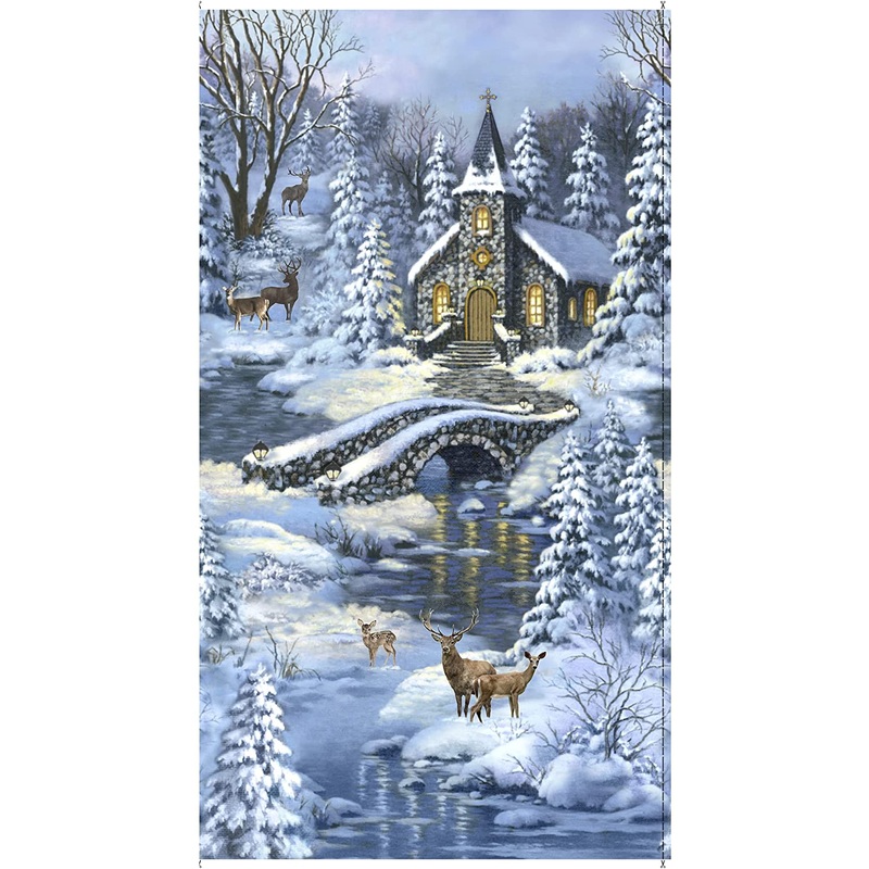 Winter's Peace Church the Forest Panel 24" Blue Timeless Treasures Cotton Fabric