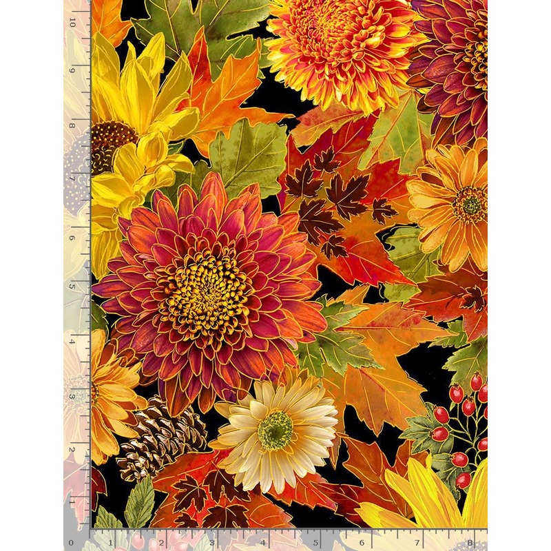 Autumn Leaves Harvest Bouquet Metallic Black Timeless Treasures Cotton Fabric