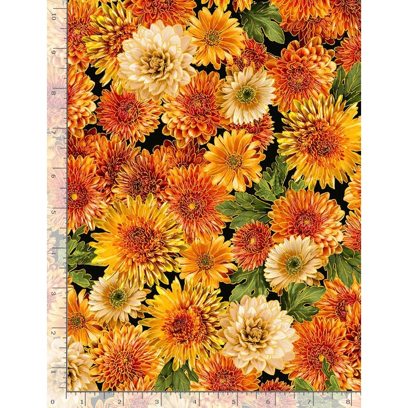 Autumn Leaves Harvest Flowers Metallic Orange Timeless Treasures Cotton Fabric