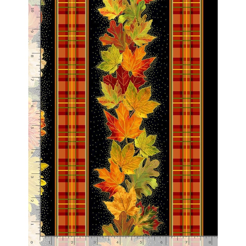 Autumn Leaves Harvest Mums Leaves Metallic 11 inch stripe Black Timeless TreasuresCotton Fabric