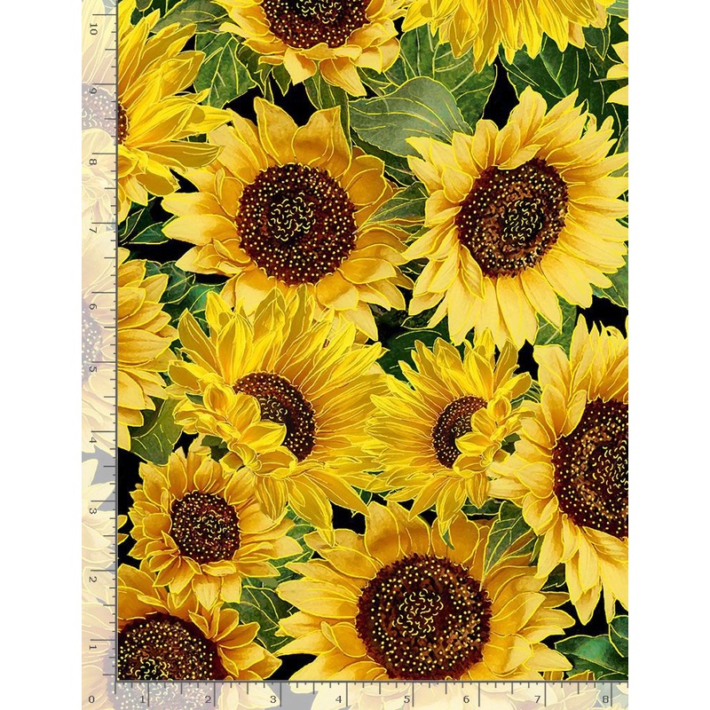 Autumn Leaves Sunflowers Metallic Packed Yellow Timeless Treasures Cotton Fabric