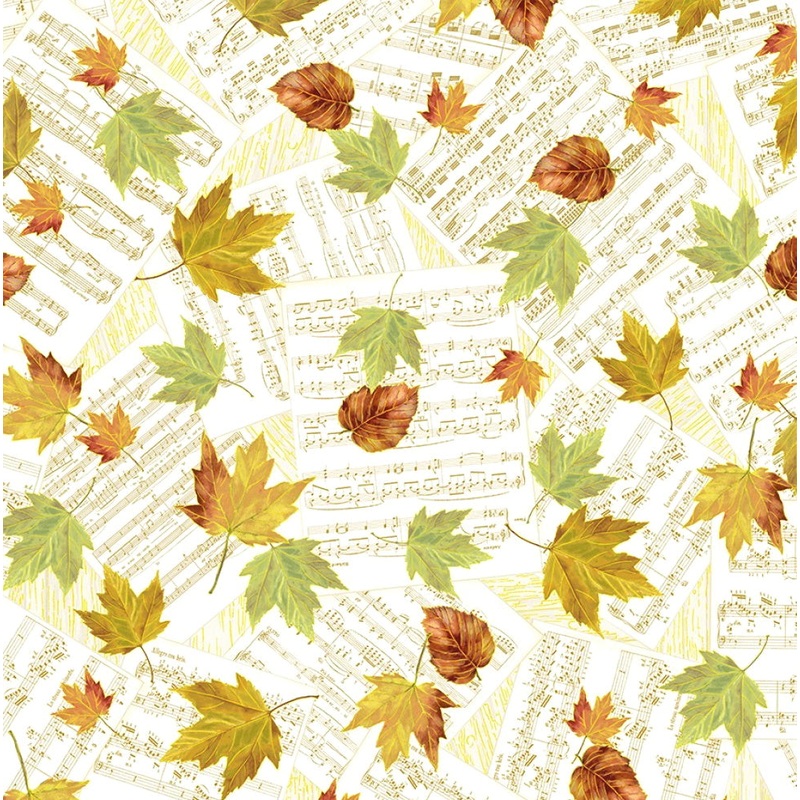 Autumn Symphony Falling Autumn Leaves on Music Notes Met Gold Cream Timeless Treasures Cotton Fabric
