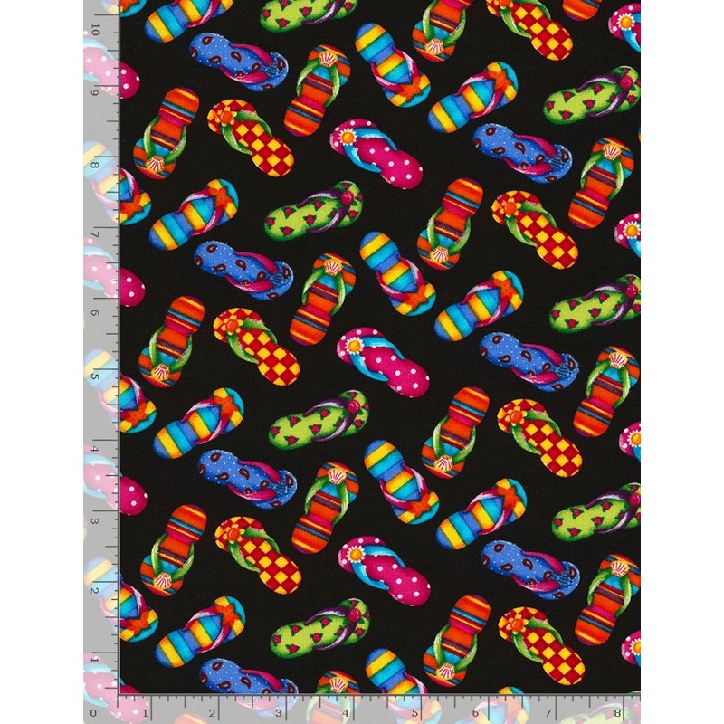 Beach Flip Flops Tossed Black Timeless Treasures Cotton Fabric