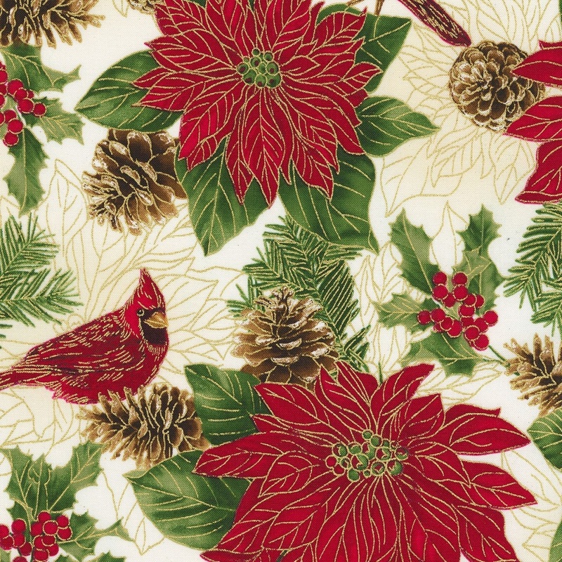 Cardinal and Poinsettias Metallic Gold Cream holiday Timeless Treasures Cotton Fabric