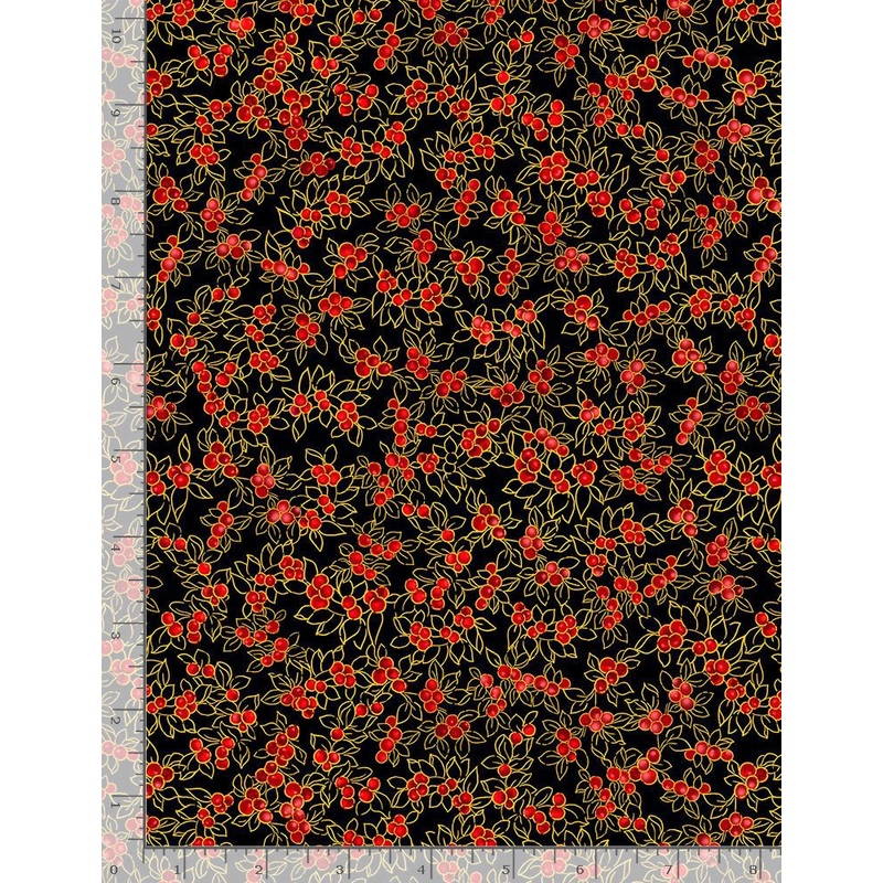 Christmas Joy Holiday Berries Metallic Black Timeless Treasures Cotton Fabric