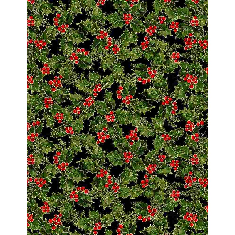 Christmas Joy Holiday Holly Berries and Leaves Metallic Black Timeless Treasures Cotton Fabric