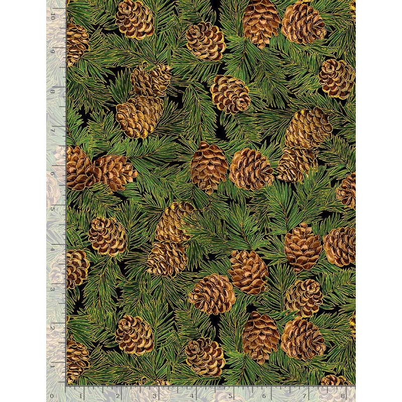 Christmas Joy Holiday Pinecones and Pine Needles Metallic Green Timeless Treasures Cotton Fabric