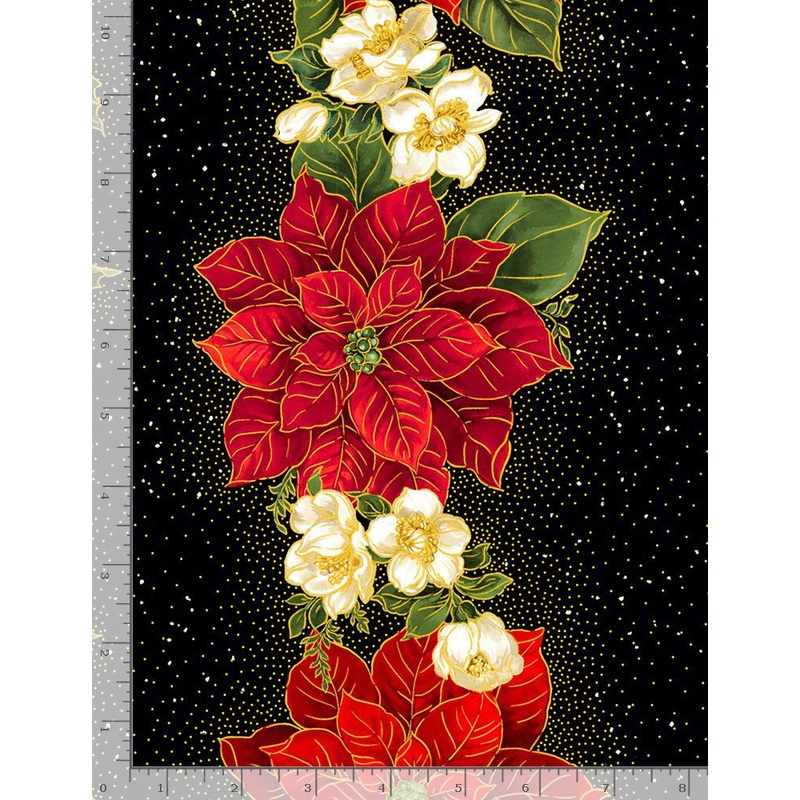 Christmas Joy Metallic Poinsettia and Holly Stripe 11" Black Timeless Treasures Cotton Fabric