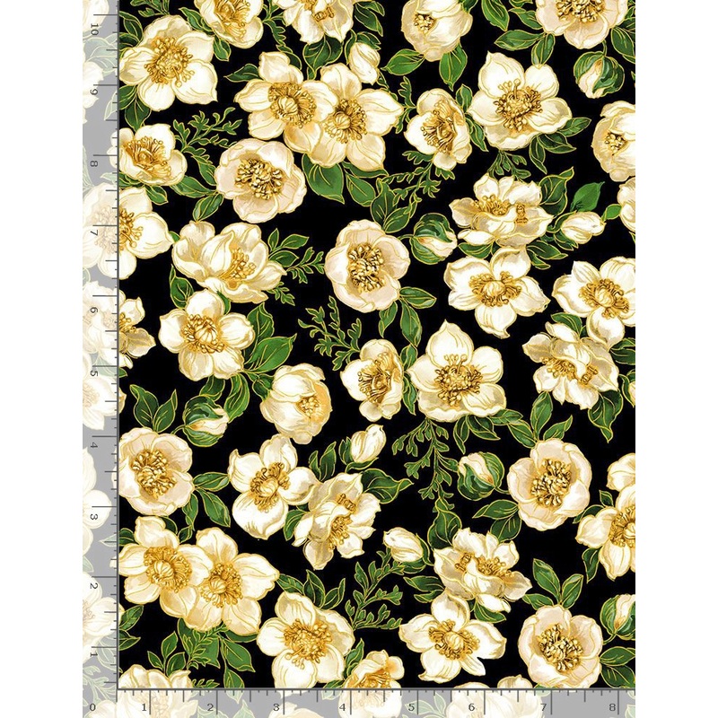 Christmas Joy White Hellebore Blooms Metallic Black Timeless Treasures Cotton Fabric