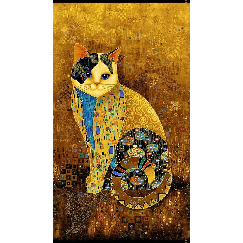 Cleo The Multiverse Golden Bejeweled Cat Panel 24" Gold Chong-A Hwang Timeless Treasures Cotton fabric TT-CLEO-CM1880-Gold