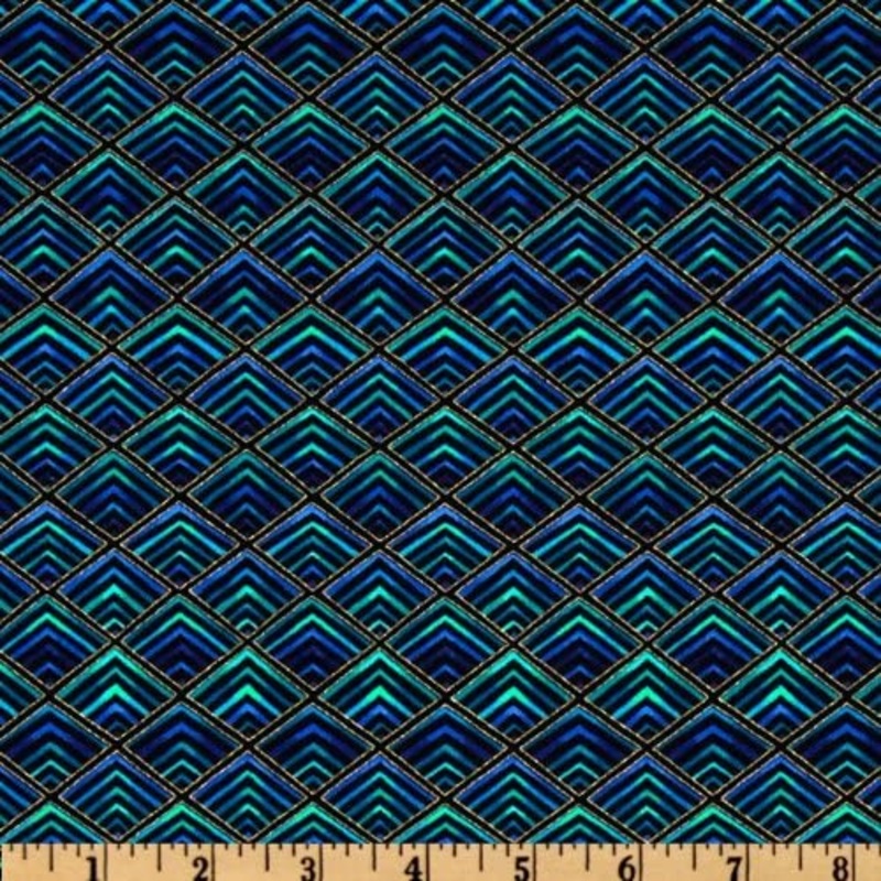 Diamonds Plume black and blue Metallic Chong-A-Hwang Timeless Treasures Cotton Fabric