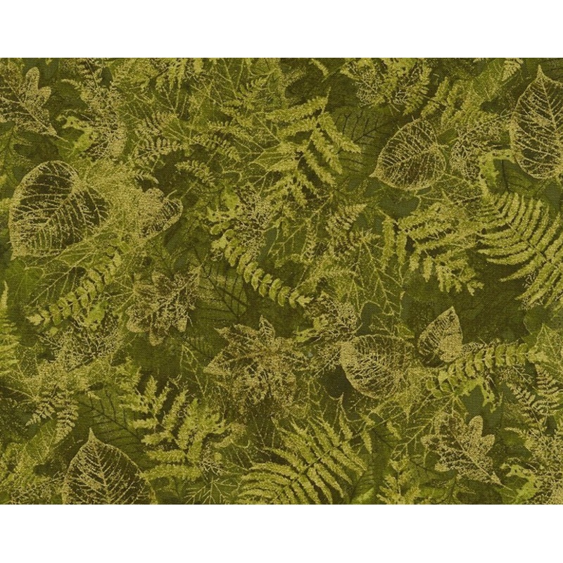 Harvest Gold Metallic Leaves Green Timeless Treasures Cotton Fabric