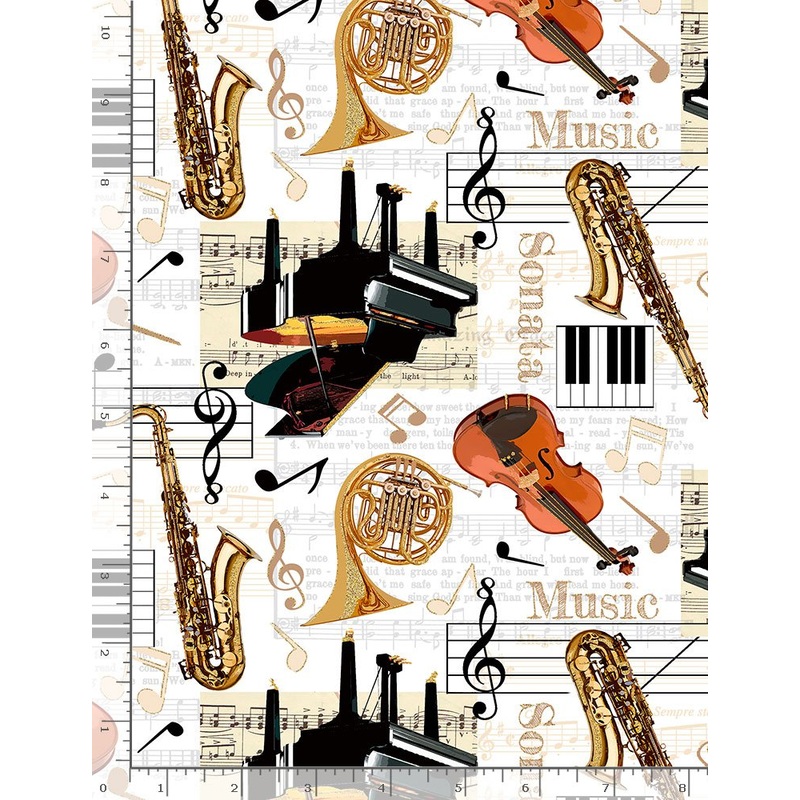 Instruments Sheet Music Cream Metallic Orchestra Timeless Treasures Cotton Fabric