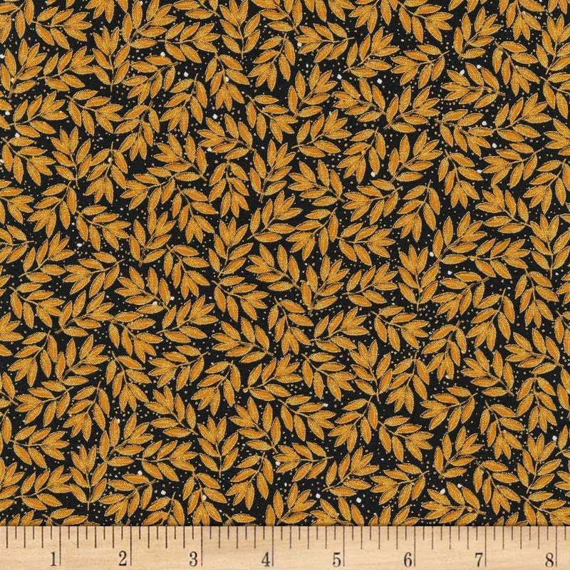 Leaves Gold Metallic Holiday Blender Gold and Black Timeless Treasures Cotton Fabric
