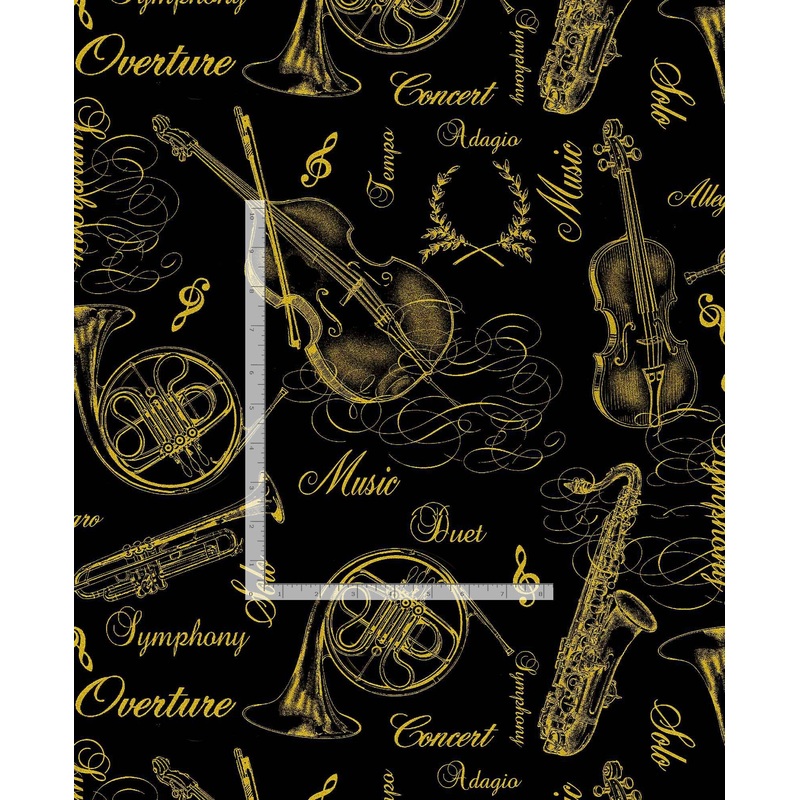 Music Notes Instruments Metallic Black Timeless Treasures Cotton Fabric