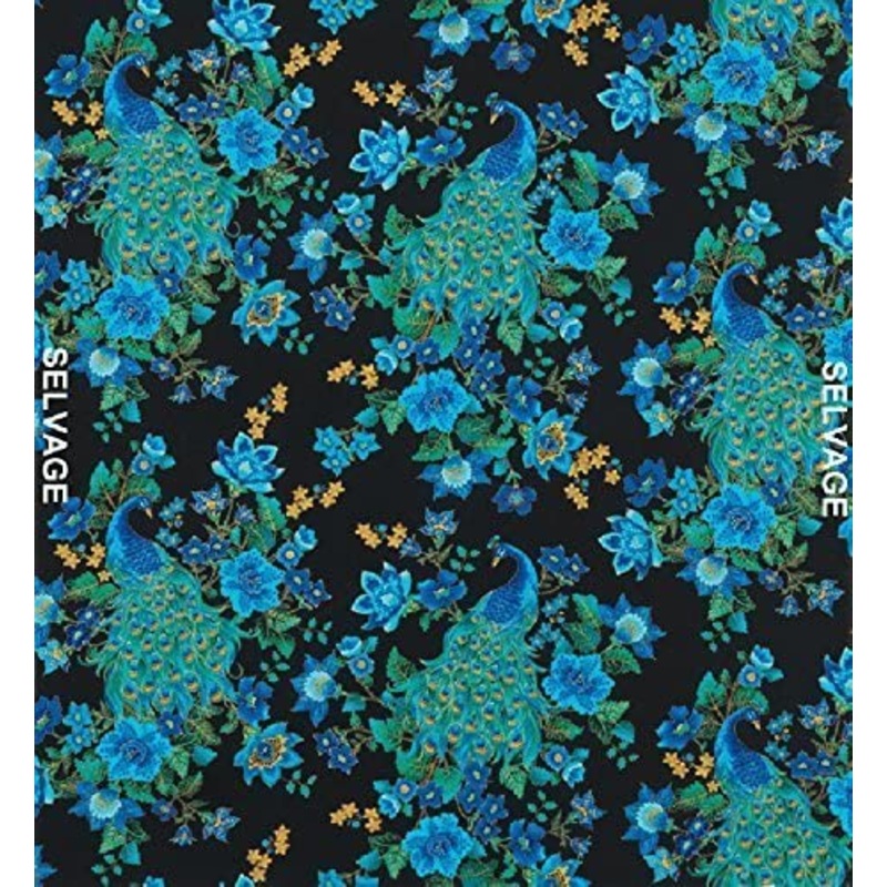 Peacock Plume Black Chong-A-Hwang Timeless Treasures Cotton Fabric