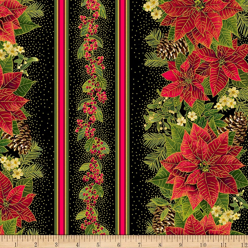 Poinsettia Stripe Metallic Holiday Spice Black Timeless Treasures Cotton Fabric